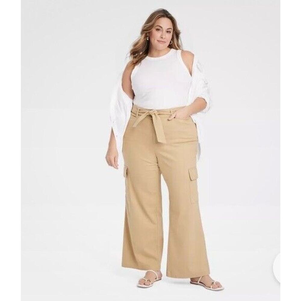 Ava & Viv Cargo Pants Womens Size 18 Tan Solid High-Rise Wide Leg Casual NWT